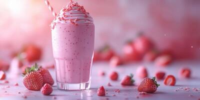 Refreshing strawberry milkshake with whipped cream and fresh fruit displayed on a table photo