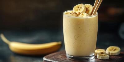 Creamy banana smoothie topped with fresh slices and granola served in a glass photo