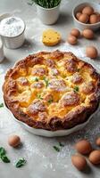 Freshly baked dessert with eggs and powdered sugar on a kitchen counter with ingredients surrounding it photo