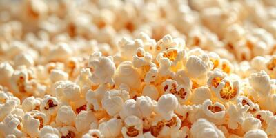 Freshly popped popcorn scattered on a flat surface ready for snacks during movie night at home photo