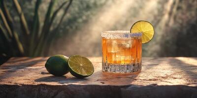 Refreshing cocktail sits on a stone surface with lime halves beside it in a sunlit outdoor setting during late afternoon photo