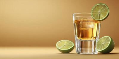 Golden cocktail with lime slices on a wooden surface in a warm setting photo