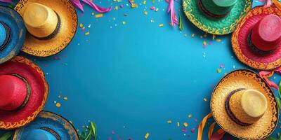 Colorful sombreros arranged in a festive pattern on a vibrant blue background filled with confetti and decorations photo