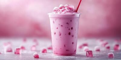 Refreshing strawberry milkshake in a clear glass cup with ice on a soft pink background photo