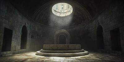 Evocative interior of an ancient stone structure with a circular skylight illuminating a central platform photo