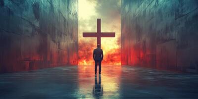 Person stands in a dramatic corridor facing a large cross illuminated by fiery colors at dusk photo