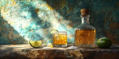 Refreshing cocktail served with lime and ice on a textured table against a colorful background in a cozy setting photo
