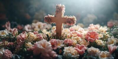 Floral tribute to a loved one with a cross surrounded by colorful blossoms in a serene setting photo
