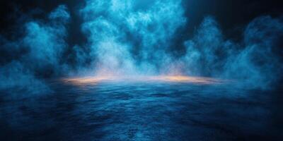 Mysterious blue fog envelops a tranquil water surface at night in an atmospheric setting photo