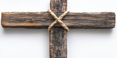 Rustic wooden cross crafted with natural materials and twine, symbolizing spiritual and religious significance in a minimalistic setting photo