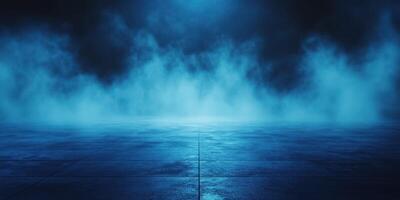Mystical blue fog envelops an empty stage in a dimly lit space during a nighttime event photo