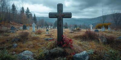 Cemetery in a remote forest during cloudy weather with wildflowers and ancient gravestones photo