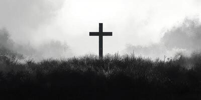Cross stands alone on a misty hill under gray clouds at dawn photo