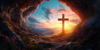Sunrise illuminates a cross at the entrance of a cave in a serene landscape, symbolizing hope and resurrection photo