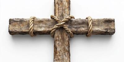 Rustic wooden cross with rope detailing displayed against a light background photo