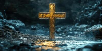 Golden cross illuminated in misty cave setting, symbolizing faith and hope in dark surroundings photo