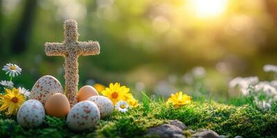 Decorative Easter cross with eggs and flowers in a sunlit garden during springtime celebration photo