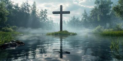 Wooden cross stands alone in a misty lake surrounded by trees at dawn photo