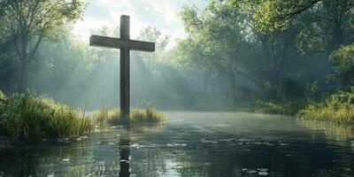 Serenity in nature with a wooden cross near a tranquil pond surrounded by lush greenery at dawn photo