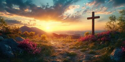 Sunrise over rolling hills with a wooden cross and blooming flowers illuminating a peaceful landscape photo