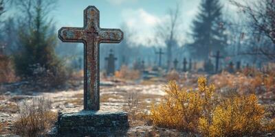 Old weathered cross in a serene cemetery surrounded by nature during a quiet autumn day photo