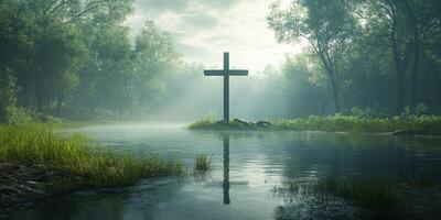 Serene morning light illuminating a cross in a tranquil river surrounded by lush greenery photo