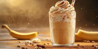 Indulgent banana smoothie with whipped cream and cinnamon served in a glass cup, decorated with nuts and banana slices photo