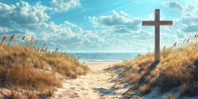 Scenic beach pathway leads to ocean with cross marking a reflective space under sunny sky photo