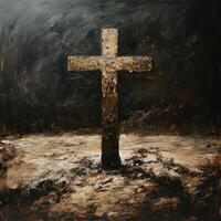 Artistic depiction of a wooden cross standing in a dark and textured landscape during twilight photo