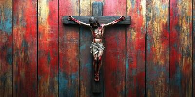 Detailed depiction of crucifixion artwork on a rustic, multicolored wooden background in a serene setting photo