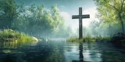 Mystical waters reflect an ancient wooden cross surrounded by lush greenery in serene early morning light photo