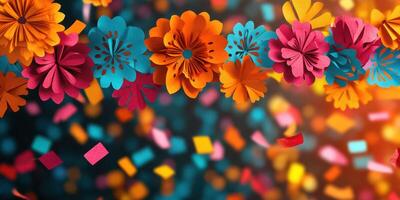Colorful paper flowers and confetti create a festive atmosphere for celebrations and parties in a lively setting photo