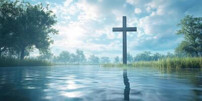 Majestic wooden cross reflected in still water surrounded by lush greenery and a serene sky photo