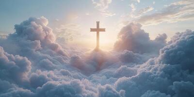 Beautiful sunrise above the clouds with a cross symbolizing hope and faith in a serene atmosphere photo