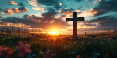 Serenity at sunset near a wooden cross in a flower-filled meadow with a vibrant sky photo