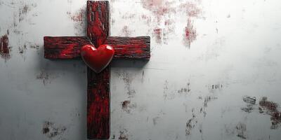 Wooden cross with a red heart displayed on a textured white wall creating a striking religious symbol photo