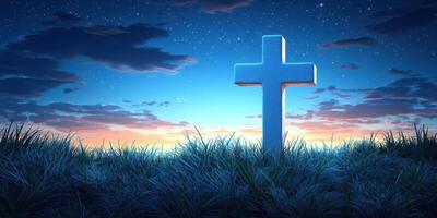 Cross stands in a serene field under a starry sky at dusk, symbolizing peace and reflection photo