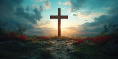 Serene landscape with cross at sunset surrounded by vibrant flowers and dramatic sky photo