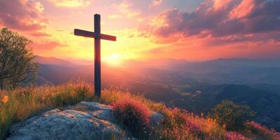 Sunset over a serene landscape with a wooden cross and vibrant flowers in the foreground photo