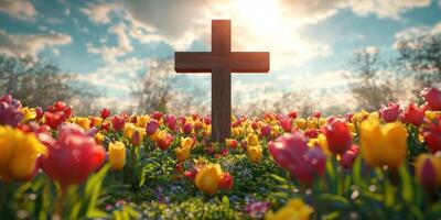 Cross stands tall in colorful tulip field under a bright sky at sunset photo