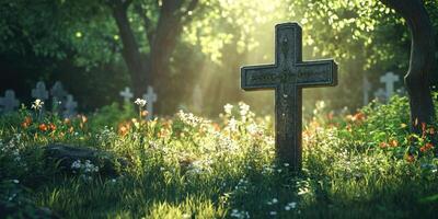 Tranquil cemetery at sunrise with illuminated cross among blooming flowers and green trees photo