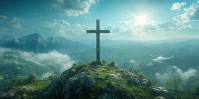 Scenic mountain view with a cross on a rocky hilltop during sunrise in a serene landscape photo