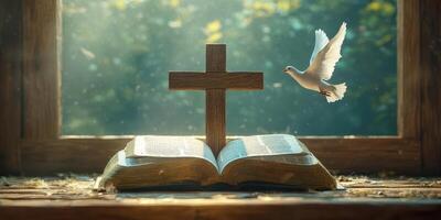 Cross and dove symbolizing peace, faith, and spirituality illuminated by natural light photo