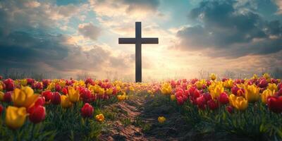 Beautiful spring landscape with a wooden cross surrounded by colorful tulips at sunset photo