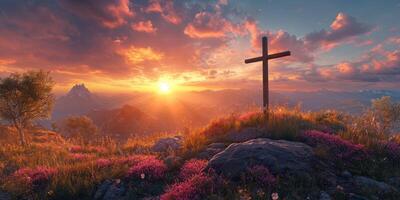 Sunset over a mountain landscape with a cross and blooming flowers at dusk photo
