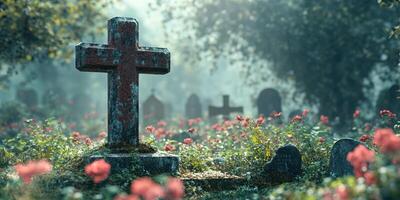 Serene cemetery adorned with vibrant flowers and mist during the early morning photo