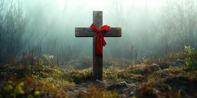 Wood cross adorned with a red ribbon stands in a foggy, serene landscape surrounded by grass and wildflowers at dawn photo