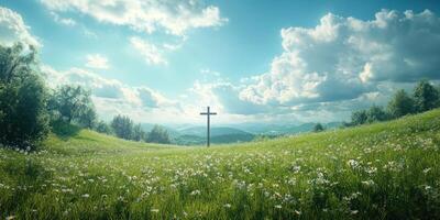 Serene landscape with a cross at sunrise amidst blooming flowers and rolling hills in the countryside photo