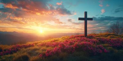 Serenity at sunrise with a wooden cross overlooking a mountain landscape filled with blooming flowers photo