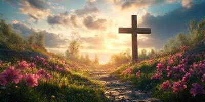Sunset over a peaceful pathway adorned with flowers and a wooden cross in a serene landscape photo